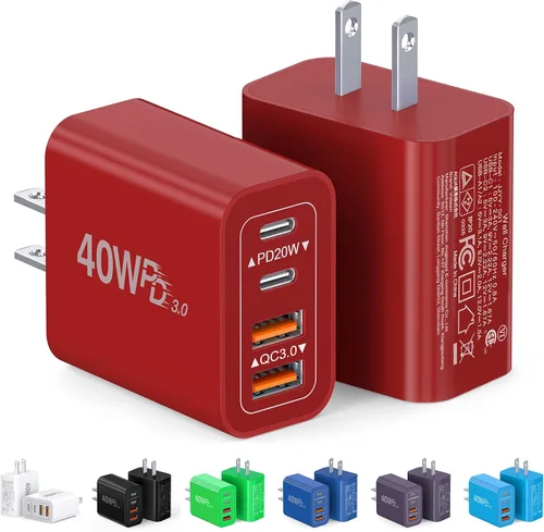 Vista 15 de Bloque de cargador USB C de 40 W, paquete de 2 ladrillos de carga rápida de 4 puertos tipo C, adaptador de enchufe de pared dual PD&QC, ladrillo
