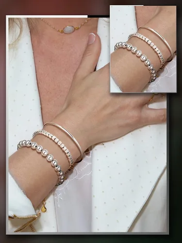 Vista 3 de Juego de 6 pulseras para mujer, apilables, elásticas, de bolas, delgadas, elásticas, con cuentas cúbicas, pulseras de tenis con moissanita redonda