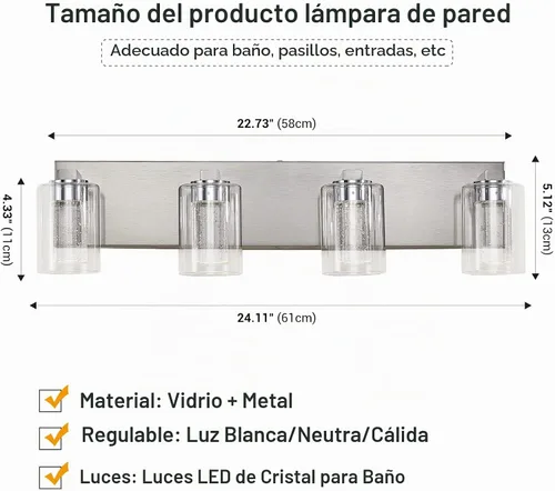 Vista 5 de Lámpara de tocador de 4 luces de níquel cepillado, cristal de burbujas con luces regulables de 3 colores, moderna lámpara de pared para baño