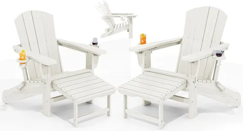 Vista 12 de KINGYES Silla Adirondack plegable ajustable con otomana y 2 portavasos, silla reclinable Adirondack HDPE con reposapiés, Aruba
