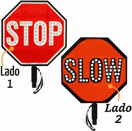 Vista 2 de SmartSign Paleta LED STOP SLOW – Señal de parada lenta reflectante de mano con asa, 18 pulgadas de doble cara, modos de luz LED