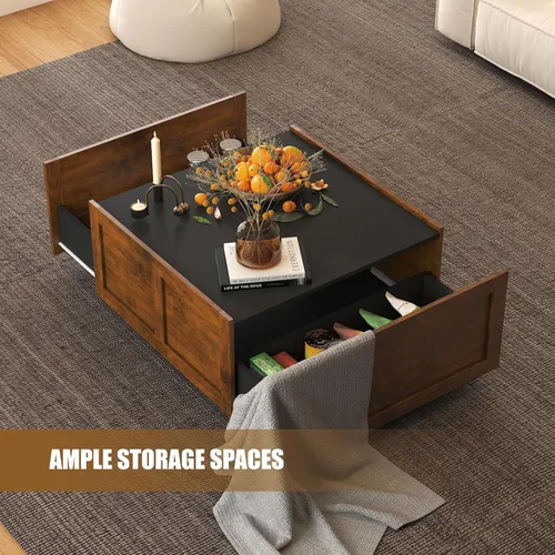 Vista 4 de HedoAjim - Mesa de centro de granja con 2 cajones de almacenamiento para sala de estar, mesa cuadrada central moderna, mesa de cóctel contemporánea