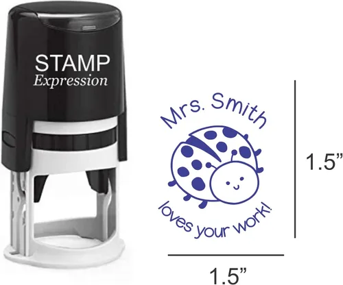 Vista 2 de StampExpression - Sello personalizado con texto en inglés "Loves Your Work with Ladybug Teacher" - Sello de goma personalizado con líneas de texto