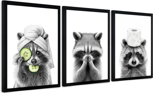 Vista 20 de Arte de pared de lienzo enmarcado para baño con oso negro tierno, decoración divertida para baño con animales, adorable oso con papel higiénico