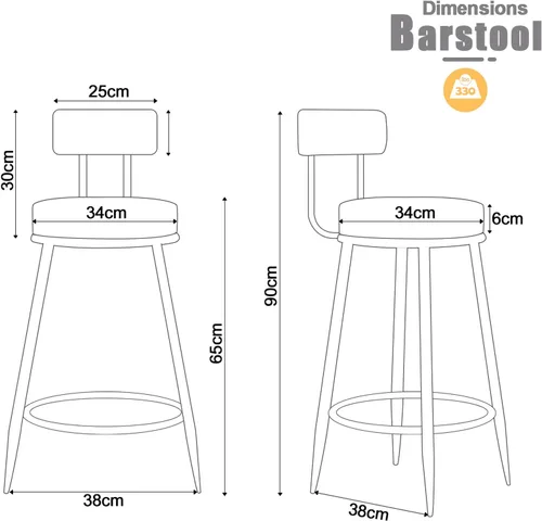 Vista 3 de Taburete de bar de cocina, juego de 2, silla de mostrador moderna de terciopelo de 25.6 pulgadas con respaldo para isla de cocina, comedor