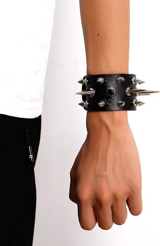 Vista 3 de Eigso Un par de pulseras punk clásicas de piel sintética SteamPunk para hombres y mujeres
