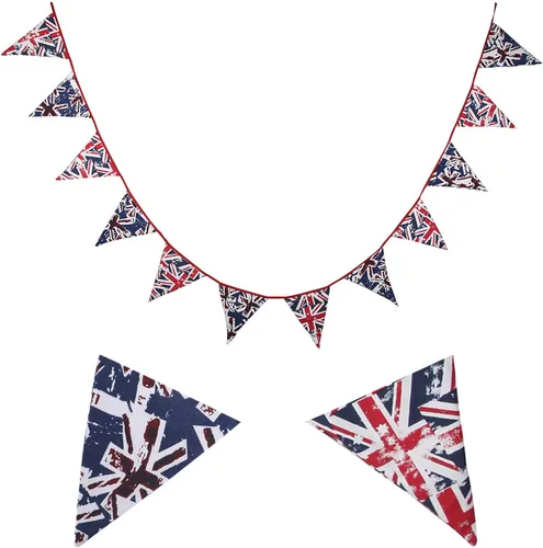 Vista 2 de Bandera de lona de 12 pies de largo con 12 banderas triangulares, banderines británicos, decoración de fiesta, bandera patriótica británica