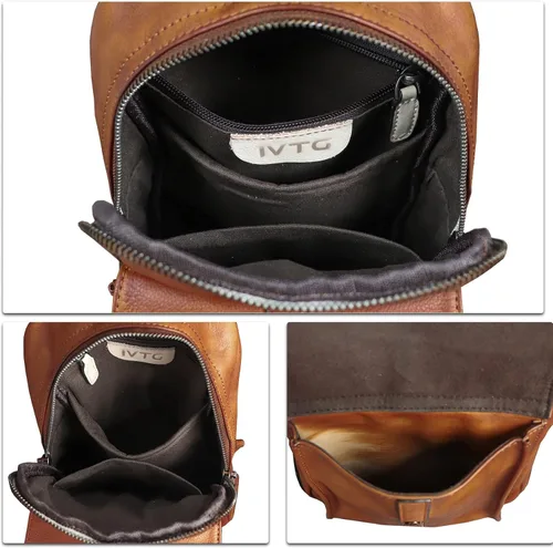 Vista 7 de Bolso bandolera de cuero genuino Mochila casual de senderismo Mochila vintage hecha a mano Crossbody Bag Retro Chest Daypack (marrón)