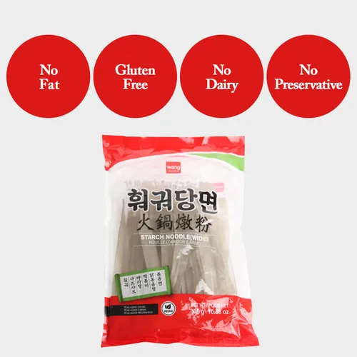 Vista 7 de Wang Fideos anchos de vidrio, fideos de vidrio coreanos de batata dulce para japchae y olla caliente, almidón de camote, sin gluten, vegano, paquete