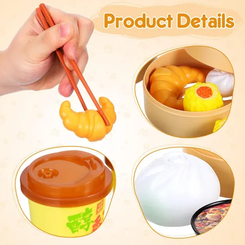 Vista 6 de Toyvian Play Food 26pcs Juego de juguete de simulación Bollos de vapor Juguete chino desayuno para niños Juego de cocina Plato de cocina Plato