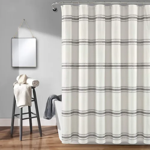 Vista 9 de [Usado] Cortina de regadera de algodón a rayas estilo rústico de Lush Decor, 72 x 72 pulgadas, negra - Cortina de baño a rayas - Cortinas de ducha
