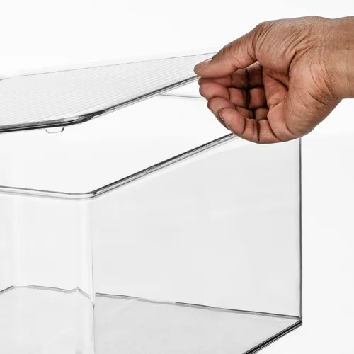Vista 6 de mDesign Caja apilable de plástico con tapa con bisagras para cocina, despensa, armario, nevera/congelador, caja organizadora ancha para aperitivos