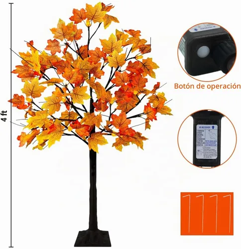 Vista 5 de Uieke Árbol de arce artificial de otoño con 48 luces LED de 4 pies con 12 luces de piño, 8 modos, decoración de otoño para el hogar, decoración