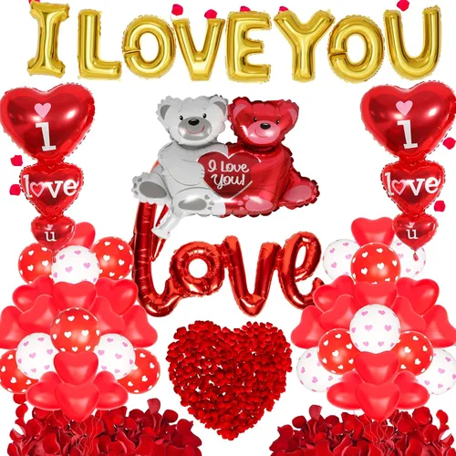 Vista 5 de Globos de San Valentín para Decoración del Día de San Valentín Globos con "I Love You" y Globos de Corazón Kit con 1000 Piezas de Pétalos de Rosa