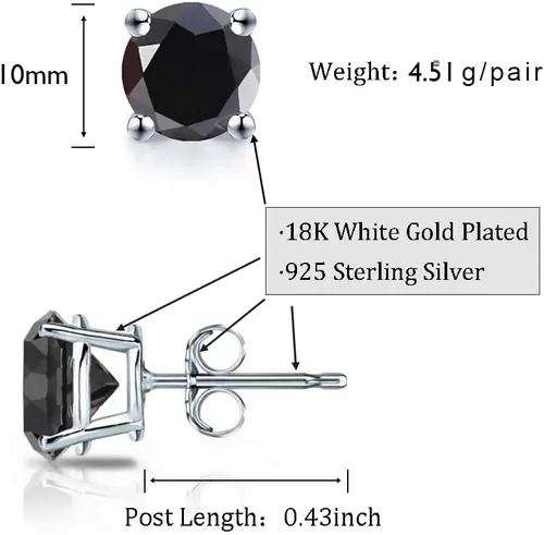 Vista 7 de Solitaire - Aretes redondos de plata de ley 925 de ónix negro chapado en platino, joyería fina para mujeres y hombres