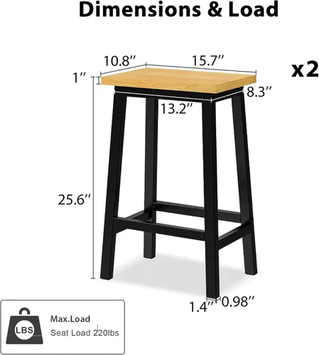 Vista 3 de Solid Wood Bar Stools Set of 2, 25.6in Tall Counter Height Bar Stools with Footrests, Farmhouse Kitchen Counter Stools, Dining Chairs for Table &