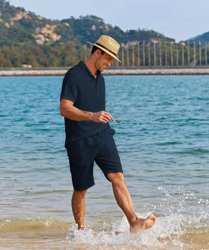 Vista 4 de COOFANDY Conjunto de 2 piezas de lino para hombre, camisas Henley casuales de manga corta, pantalones cortos de yoga para la playa, pantalones