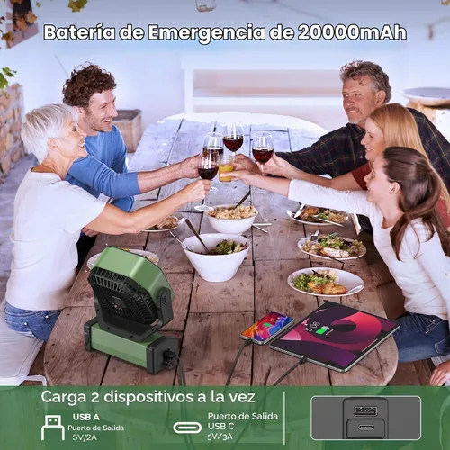 Vista 2 de KITWLEMEN - Ventilador de camping con luz - Ventilador recargable de 20,000 mAh con batería, tiempo máximo de funcionamiento de 60 horas, 4