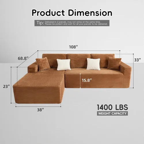 Vista 2 de Opiesit Sofás Sin Huesos de 108" para Sala de Estar, Sofá Seccional Modular con Chaise de Gran Tamaño, Sofá Nube en Forma de L con Asiento Profundo