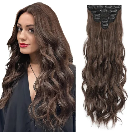 Vista 22 de Extensiones de cabello con clip para mujer, mezcla negra oscura con reflejos marrón claro, 20 pulgadas, 6 piezas, extensiones de cabello largo