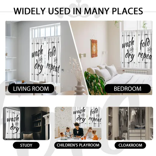 Vista 4 de zokyer Cortinas de cocina en blanco y negro con frases de lavado con palabras impresas en seco, divertidas, simples, pequeñas, cortas, 27.5 pulgadas