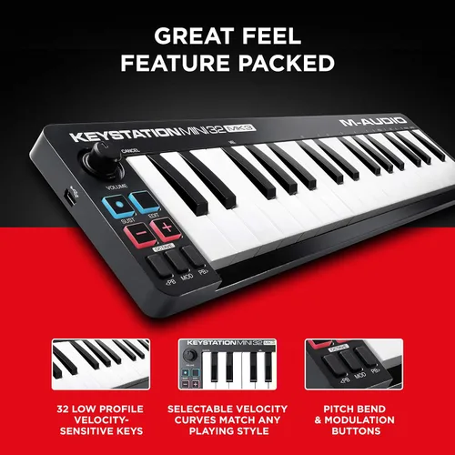 Vista 2 de M-AUDIO Keystation Mini 32 MK3 MIDI Controller Bundle con auriculares para grabación de estudio, producción de música, podcasting, transmisión