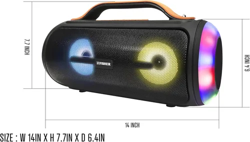 Vista 7 de Fisher Altavoces Bluetooth, altavoz inalámbrico portátil de 20 W de potencia máxima Boombox con sonido HD y luces, resistente al agua, tiempo