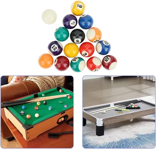 Vista 6 de Joyzan Mini bolas de billar, juego de bolas de billar de tamaño pequeño, estilo americano, bolas de taco de billar, juego completo de 16 piezas