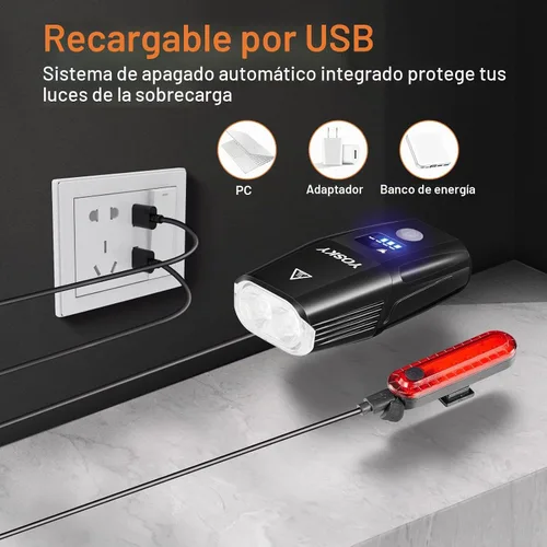 Vista 5 de Yosky Juego de luces de bicicleta recargables USB – 1000 lúmenes inteligentes para faros delanteros y traseros – Luz de bicicleta súper brillante