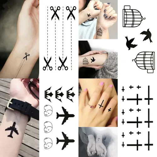 Vista 5 de Kit de tatuajes temporales pequeños y bonitos de 30 hojas, cámara negra con estampado de pies, elefante, estrella, diamante, cruz, pájaro, gato