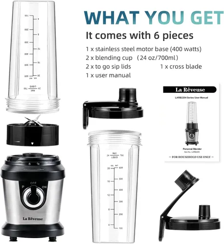 Vista 2 de La Reveuse Licuadora para batidos, 400 W, con 2 tazas de mezcla de 24 onzas y tapas para llevar, sin BPA
