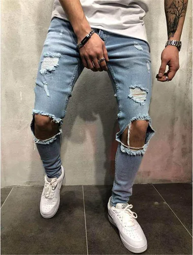 Vista 2 de Andongnywell - Pantalones de mezclilla con cremallera para hombre elásticos rasgados rasgados y rasgados pierna cónica pantalones de mezclilla
