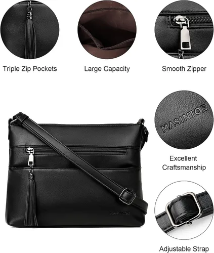 Vista 5 de MASINTOR Bolsos cruzados para mujer, bolso cruzado ligero y mediano, de cuero suave, bolsos de hombro para mujer con borla, Negro puro, Bandolera