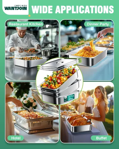 Vista 8 de WantJoin Recipientes Gastronómicos con Tapa 1/1 Tamaño Completo 4 Pulgadas de Profundidad Paquete de 3, Juegos de Bandejas de Metal de Acero