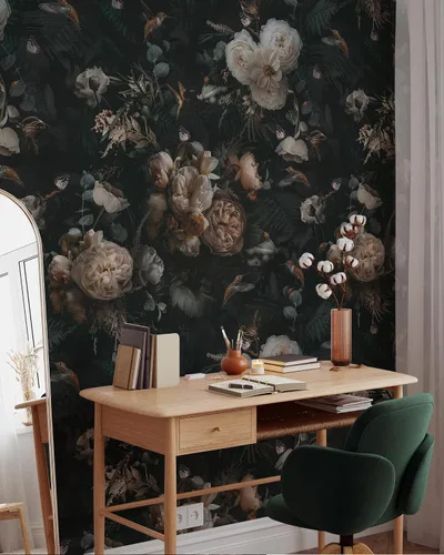 Vista 5 de Papel tapiz floral vintage, papel tapiz autoadhesivo extraíble, diseño floral oscuro, peonías y pájaros