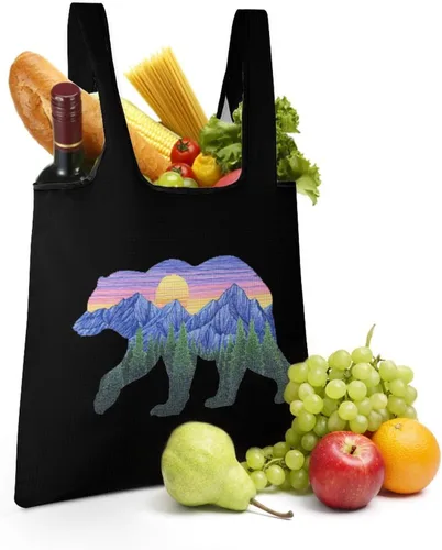 Vista 7 de Sunset Bear - Bolsas de comestibles reutilizables plegables para compras, bolsas de almacenamiento ligeras con asas