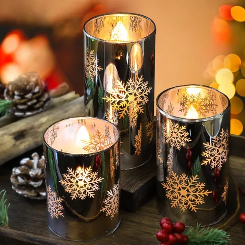 Vista 5 de Velas LED sin llama de copo de nieve con control remoto y temporizador, velas de vidrio electrochapado operadas por batería, velas LED parpadeantes