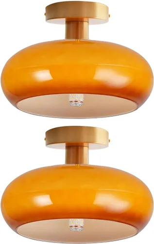 Vista 12 de Lámpara de techo semiempotrada de cristal, moderna cerca del techo, pantalla de cristal de cúpula naranja de 11 pulgadas, lámpara de techo dorada