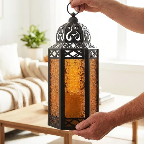 Vista 8 de VELA LANTERNS Juego de 2 portavelas decorativos de LED con luces de hadas de 12" de metal marroquí para colgar o mesa, decoración del hogar