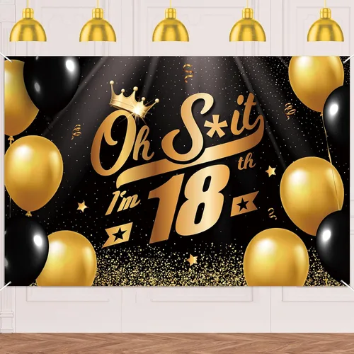 Vista 36 de Oh S*hit I'm 10th Banner telón de fondo negro dorado globos corona confeti Hallo Quince Cheers to 10 años decoración temática decoración para hombre