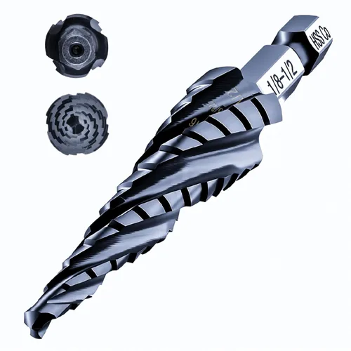 Vista 9 de toolant - Broca de cuatro espirales de cobalto (Pro), broca de paso Unibit lista para impacto, 1/4"-1-1/8", broca de paso hexagonal de 1/4 pulgadas