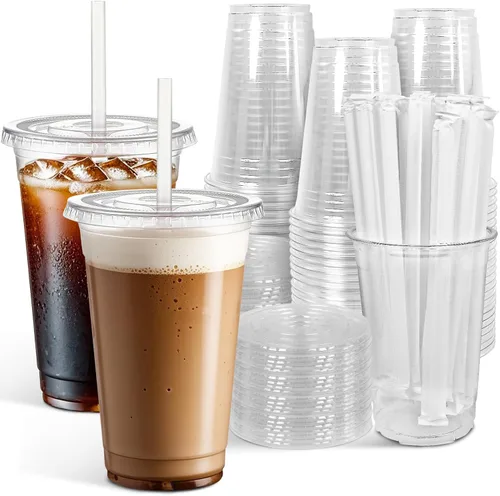 Vista 10 de Ginkgo Paquete de 100 tazas de plástico de 12 onzas con tapas y popotes, tazas de café desechables transparentes para llevar, tazas de café helado