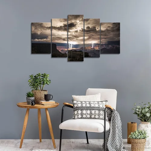Vista 4 de So Crazy Art® Cuadros para pared de 5 unidades, diseño: rayos en el Gran Cañón y nubes oscuras, imágenes impresas en una lona, imagen decorada