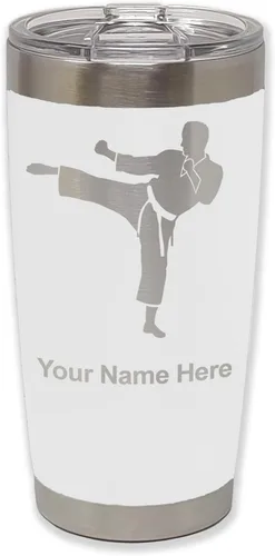 Vista 30 de LaserGram Vaso aislado al vacío de 20 onzas, Karate Man, grabado personalizado incluido (negro) Engraved Gift, Vacuum Insulated Stainless Steel