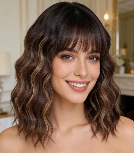 Vista 13 de Peluca negra con flequillo para mujeres negras, cabello rizado y ondulado de 14 pulgadas Negro