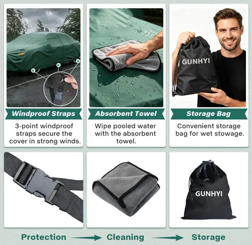 Vista 4 de GUNHYI - Funda para coche impermeable para todo tipo de clima, funda completa de 16 capas de alta resistencia para exteriores con ventilaciones Verde