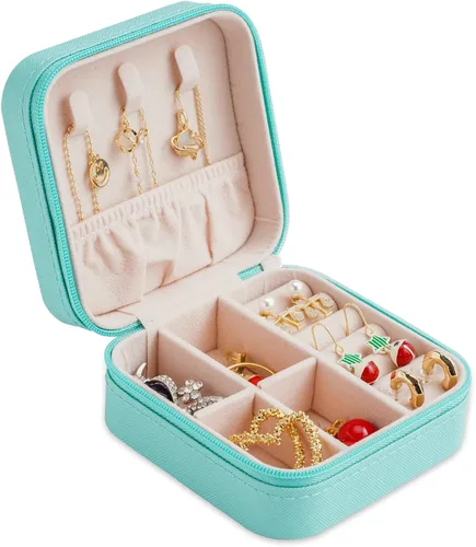Vista 7 de Mini caja de joyería portátil de viaje de cuero organizador de anillos de joyería caja de regalo para niñas y mujeres 2 piezas azul
