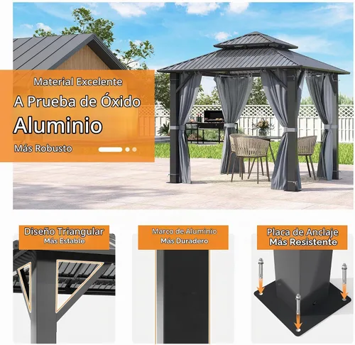 Vista 4 de GARTOO Gazebo de techo rígido para exteriores de 8 x 8 pies con techo doble Negro