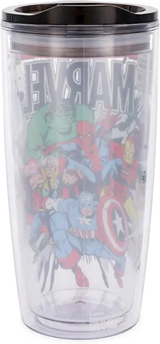 Vista 2 de Silver Buffalo Marvel Avengers Taza de viaje con diseño de Spider-Man, Capitán América, Thor, Hulk e Iron Man, de doble pared, con tapa de cierre