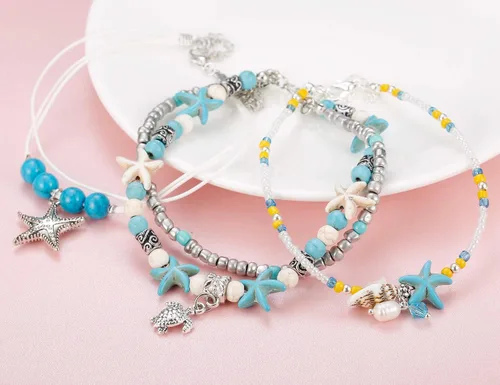Vista 4 de Finrezio 8-12PCS Anklets for Women Girls Adjustable Boho Turtle Starfish Beach Ankle Bracelets Foot Jewelry Set Handmade